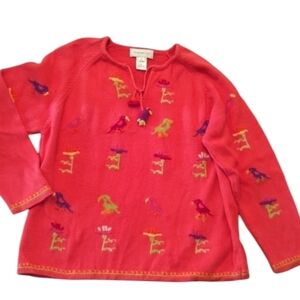 Vtg. Birds & flowers embroidered whimsical ramie pullover coral sweater sz XL